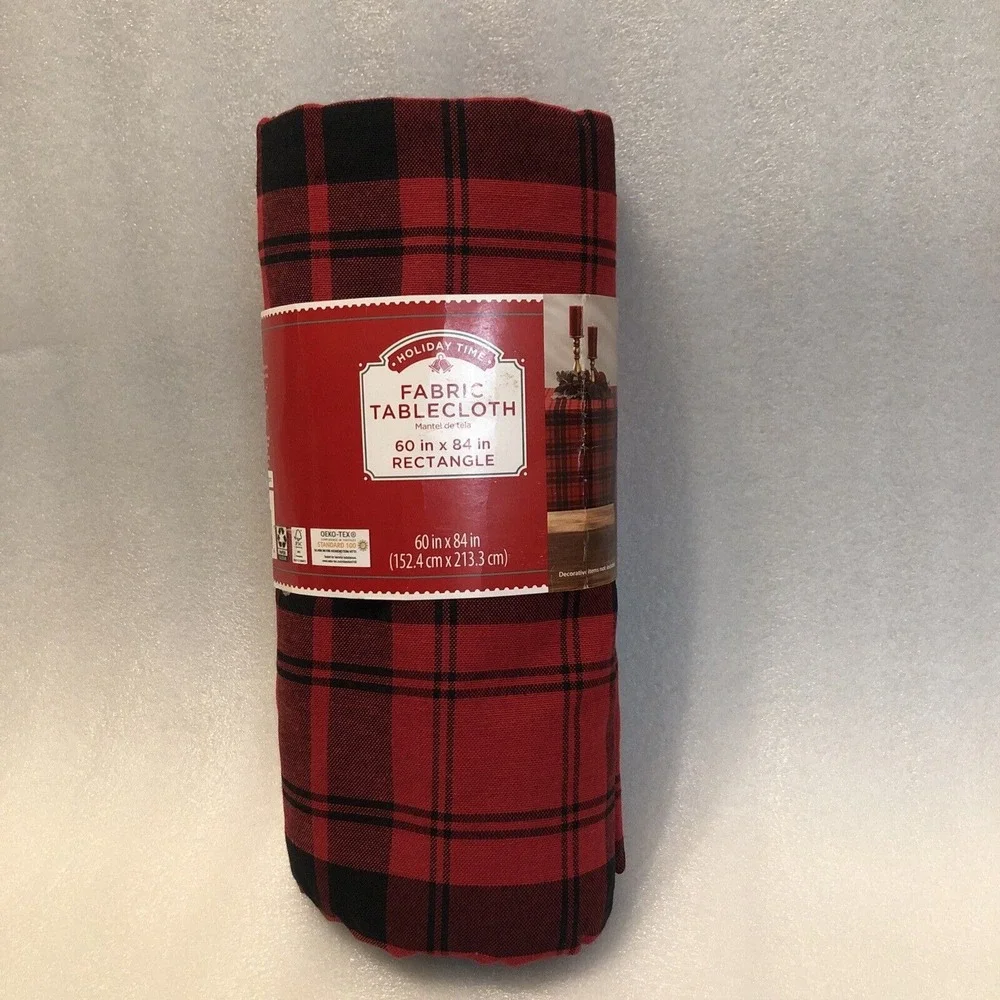 New Holiday Time‎ Buffalo Plaid Fabric Tablecloth Red Black Rectangle 60